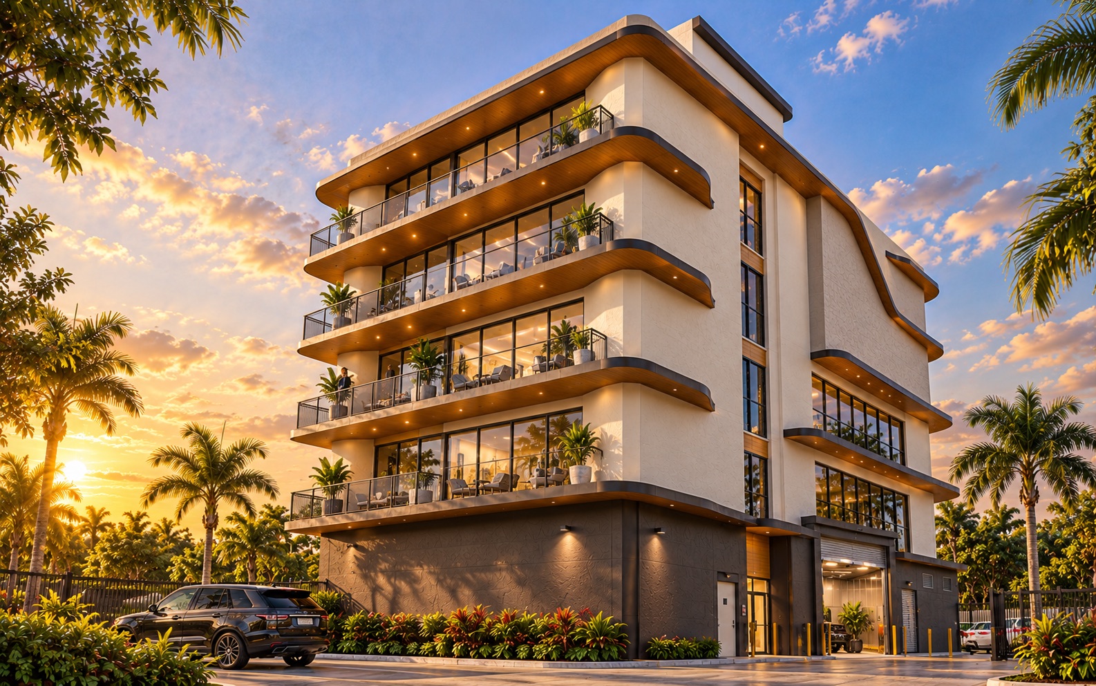 Conceptual golden-hour rear view highlighting the building's stacked balconies