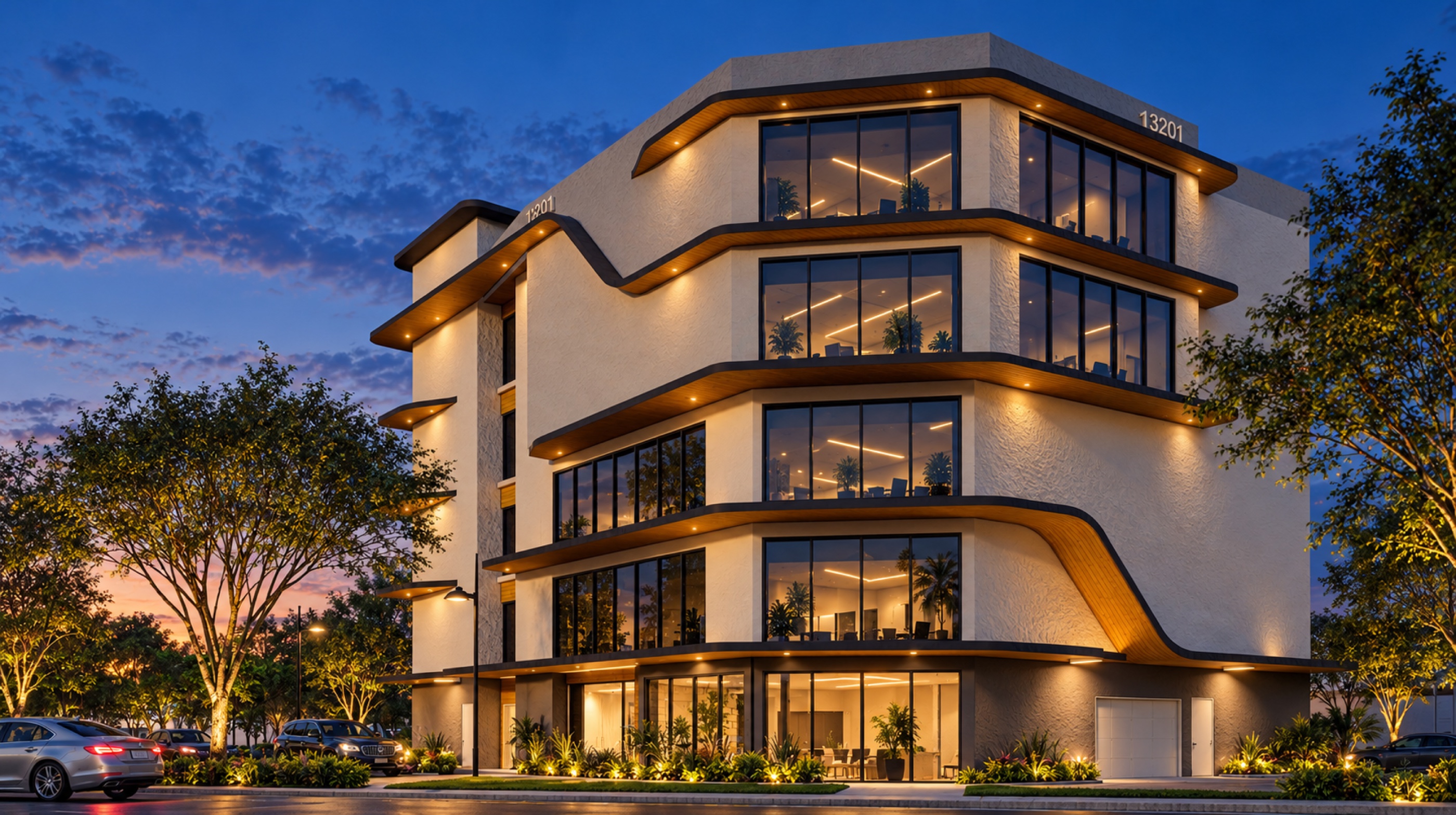 Conceptual evening visualization of the five-story 13201 flex building