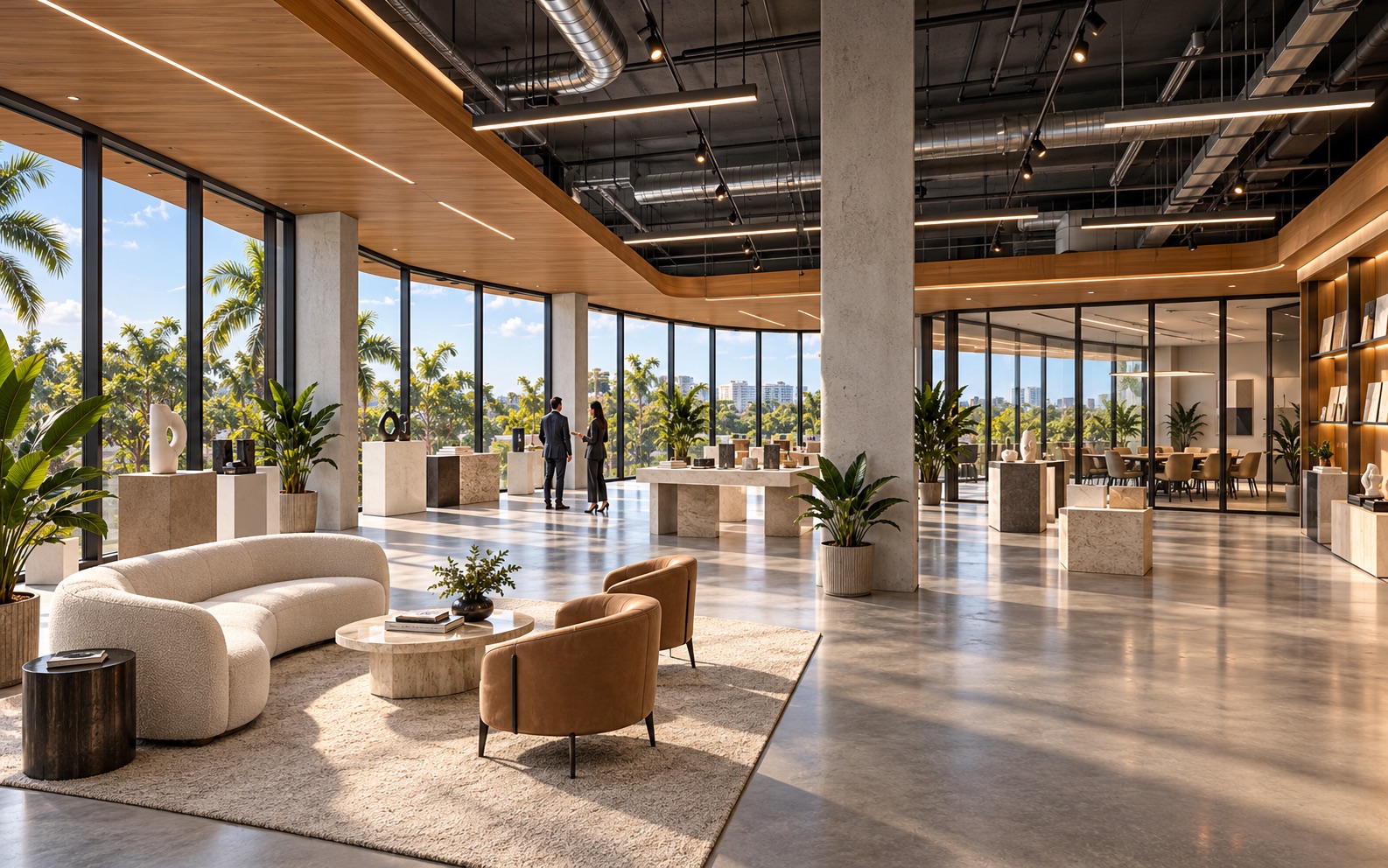 Conceptual premium full-floor flex interior configured as a showroom and studio